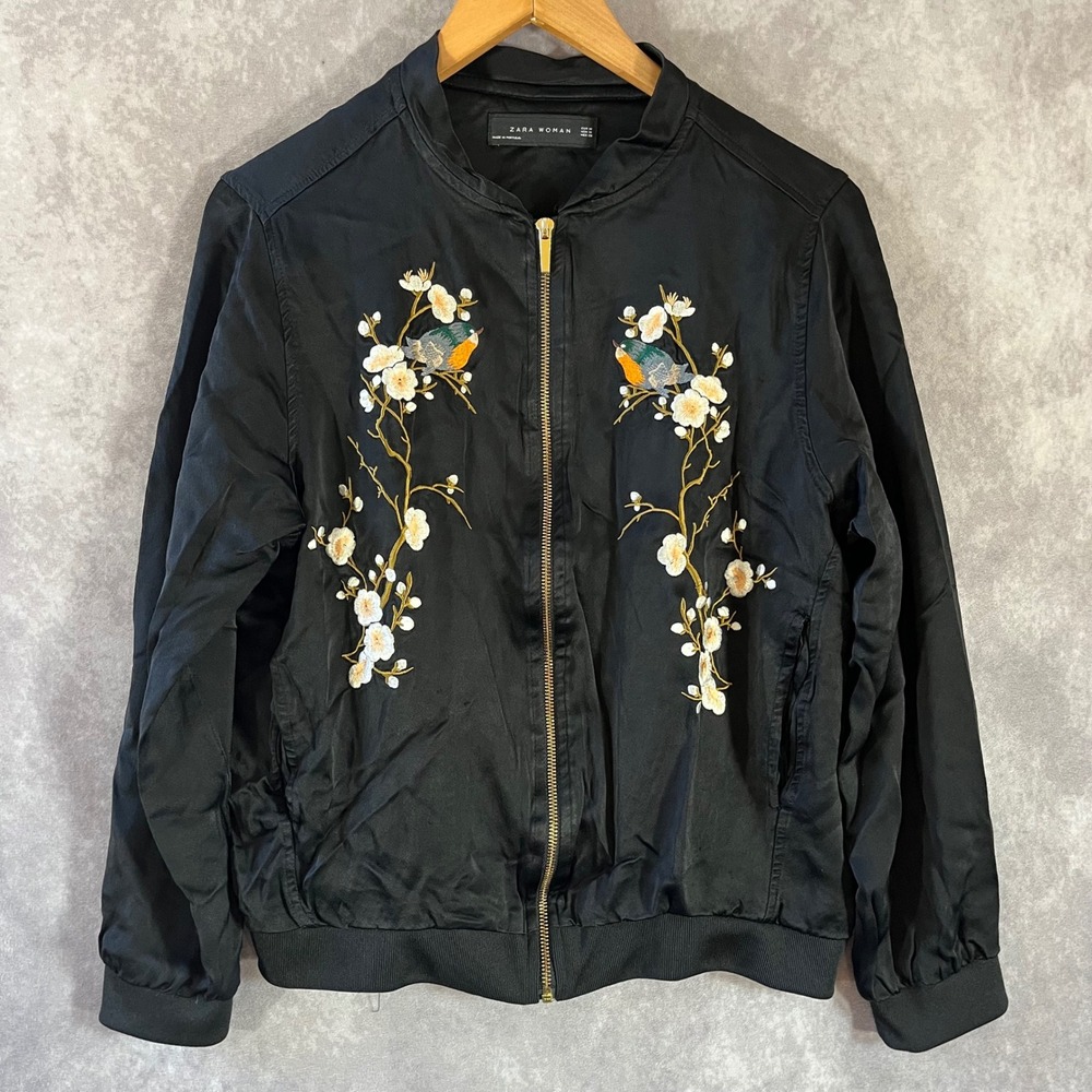 Zara Embroidered Bomber Jacket Women M Black Floral Bird Satin Zip Up *See Desc*